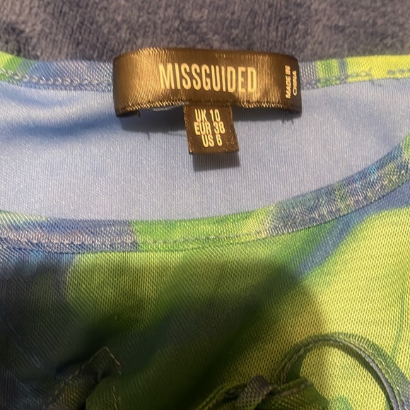 Blue green swirl mesh mini dress w/ tie in front from Missguided. US 6 - Picture 2 of 4